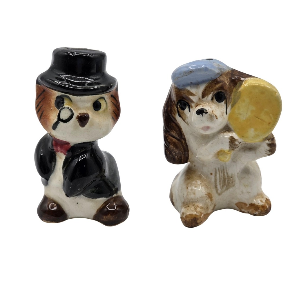 Vintage Anthropomorphic Dog & Cat Salt Pepper Shakers Ceramic Hand‎ Painted Set